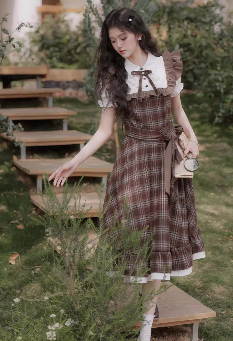 Hazel Plaid Flutter Twofer Midi Dress (Brown)