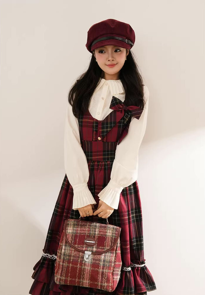 Red Riding Hood Plaid Midi Dress & Capelet (Red)