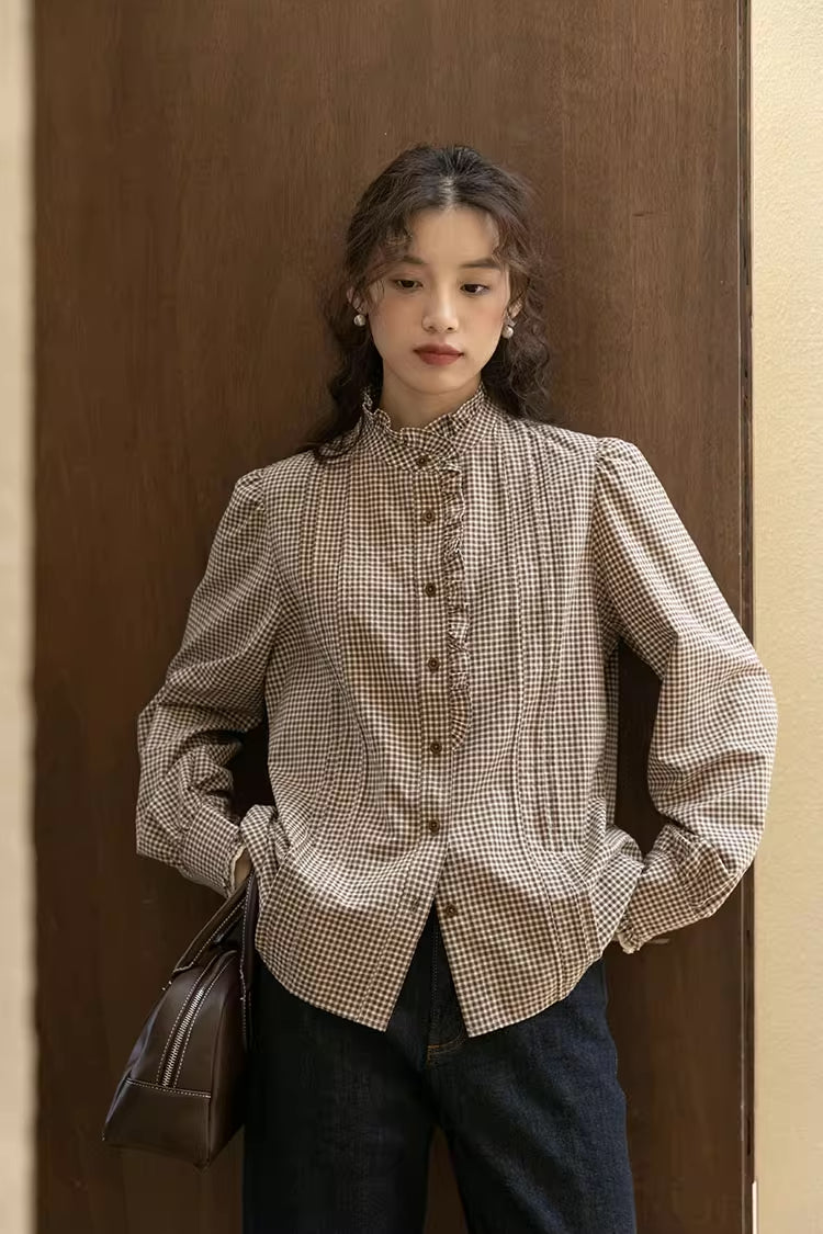 Gingham Plaid Ruffle Blouse (Coffee)