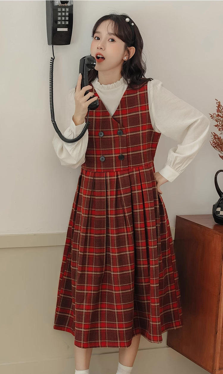 Biscuit Plaid Midi Dress (Red)