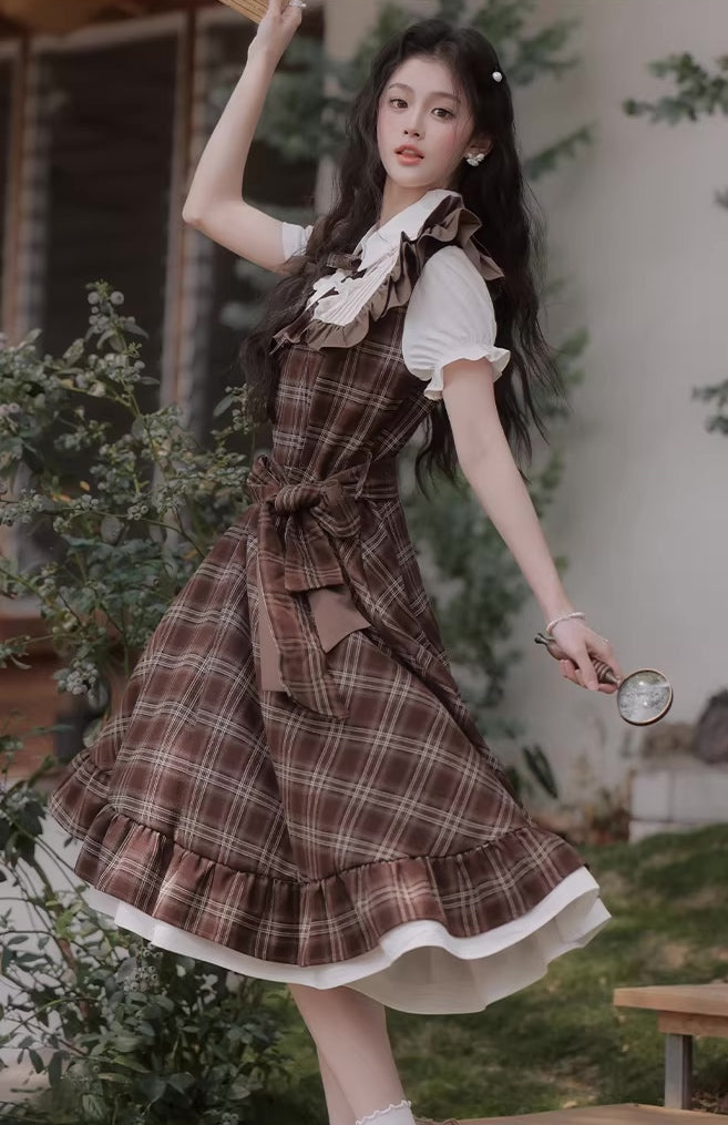 Hazel Plaid Flutter Twofer Midi Dress (Brown)