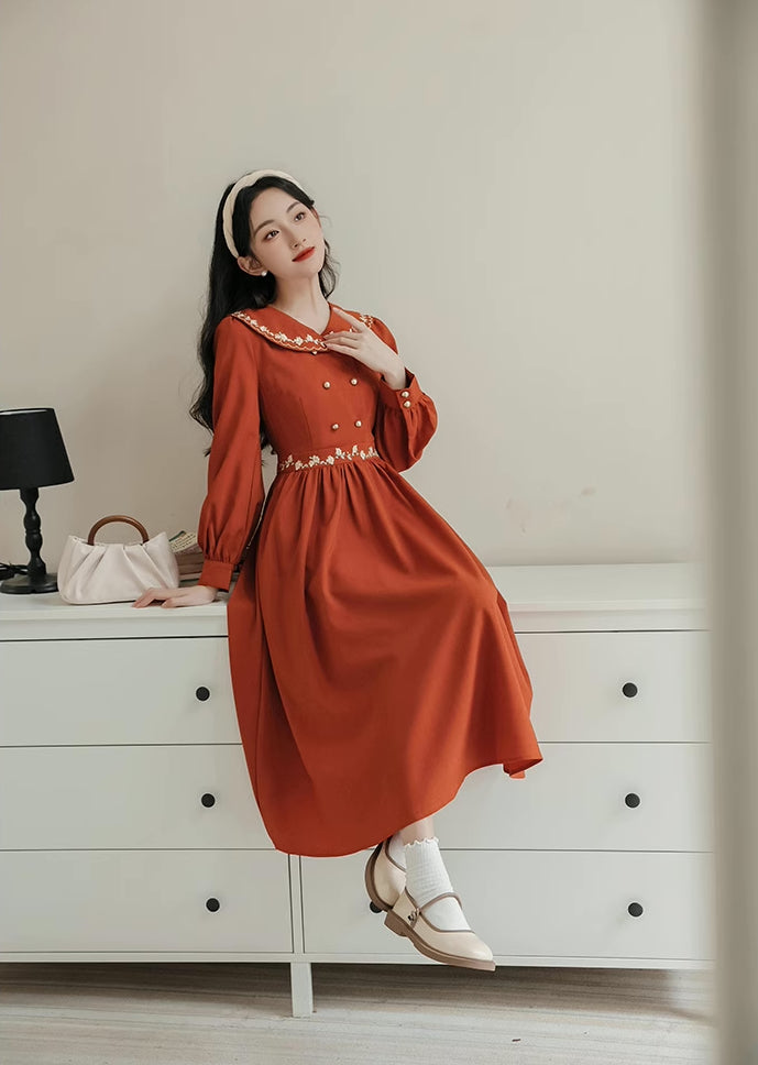 Autumn Floral Shawl Collar Midi Dress (Burnt Orange)