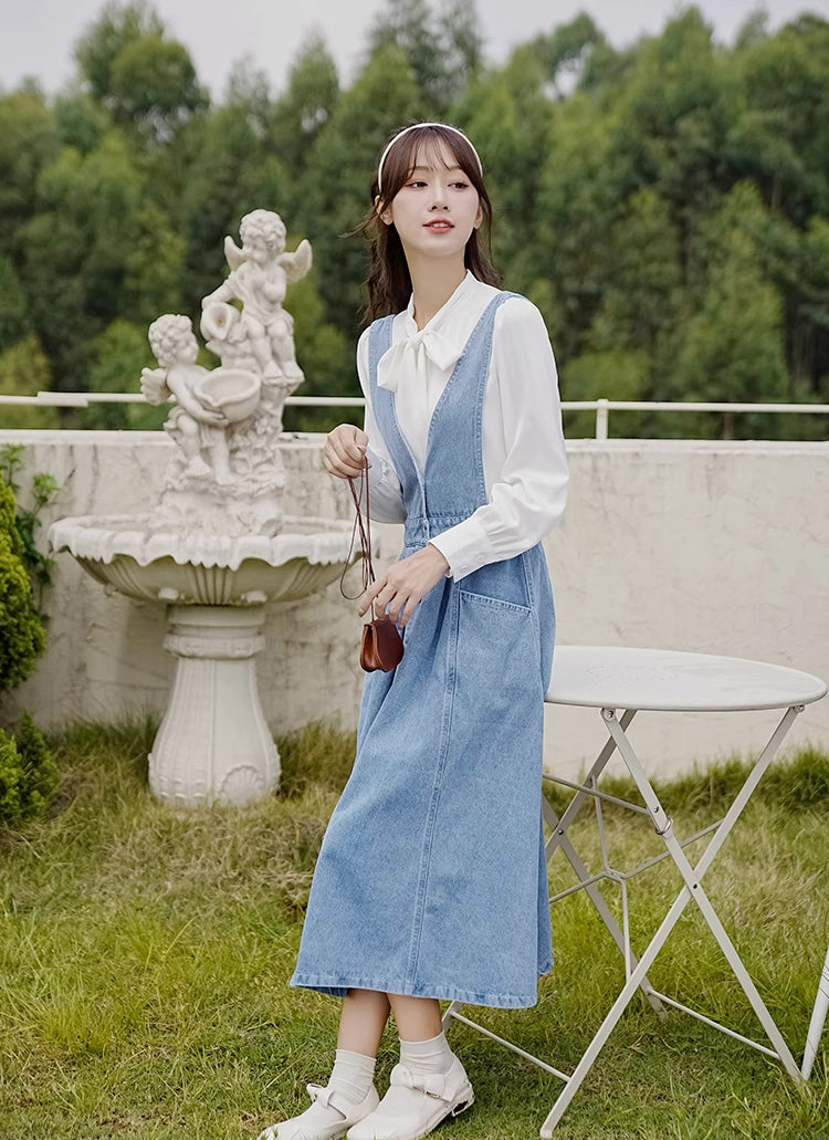 Button Denim Midi Pinafore Dress (Light Blue)