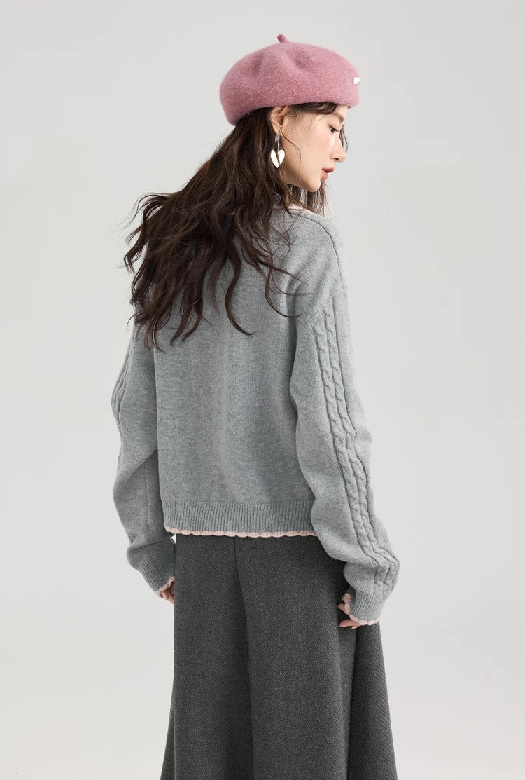 Braided Knit Bows Cardigan (Gray)