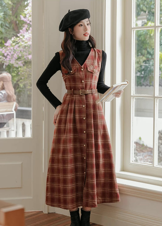 Ginger Plaid Pinafore Midi Dress (2 Colors)