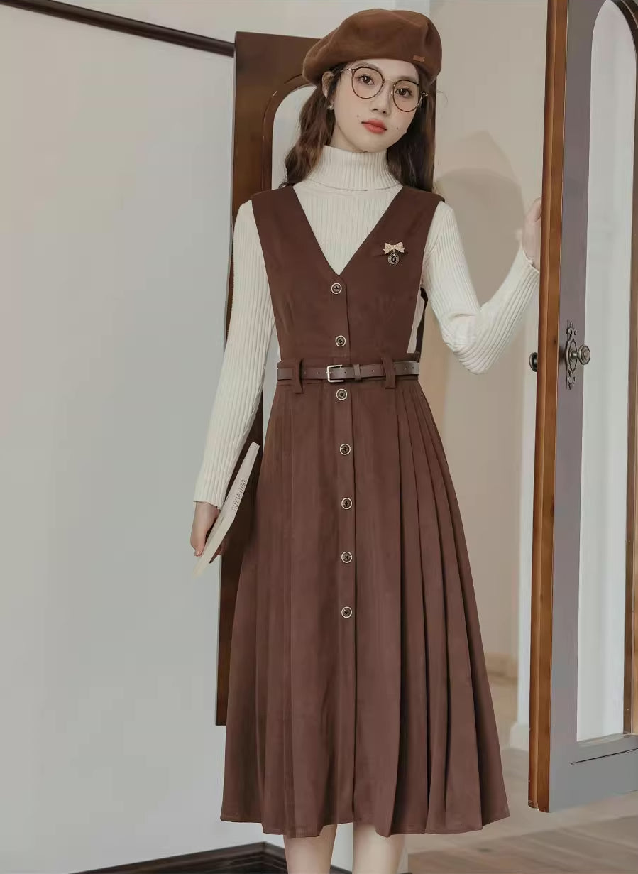 Corduroy Button Pleated Midi Pinafore (2 Colors)