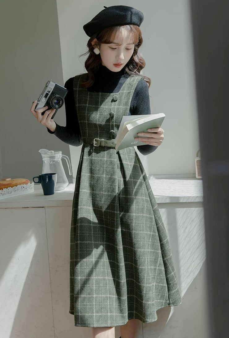 Belted Plaid Pinafore Dress (3 Colors)