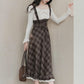 Snowy Plaid Twofer Suspender Midi Dress (Cream/Brown)