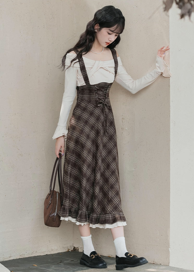 Snowy Plaid Twofer Suspender Midi Dress (Cream/Brown)