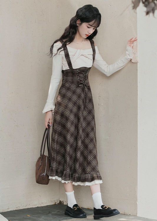 Snowy Plaid Twofer Suspender Midi Dress (Cream/Brown)