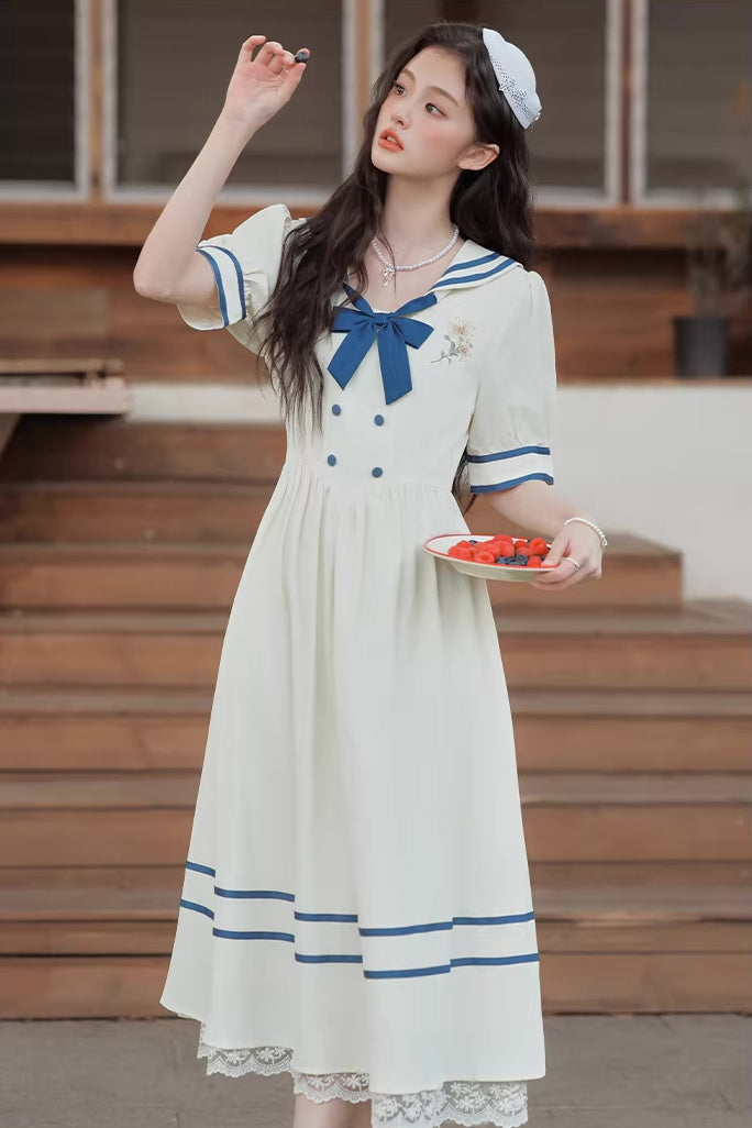 Sailor Girl Midi Dress (White/Blue)
