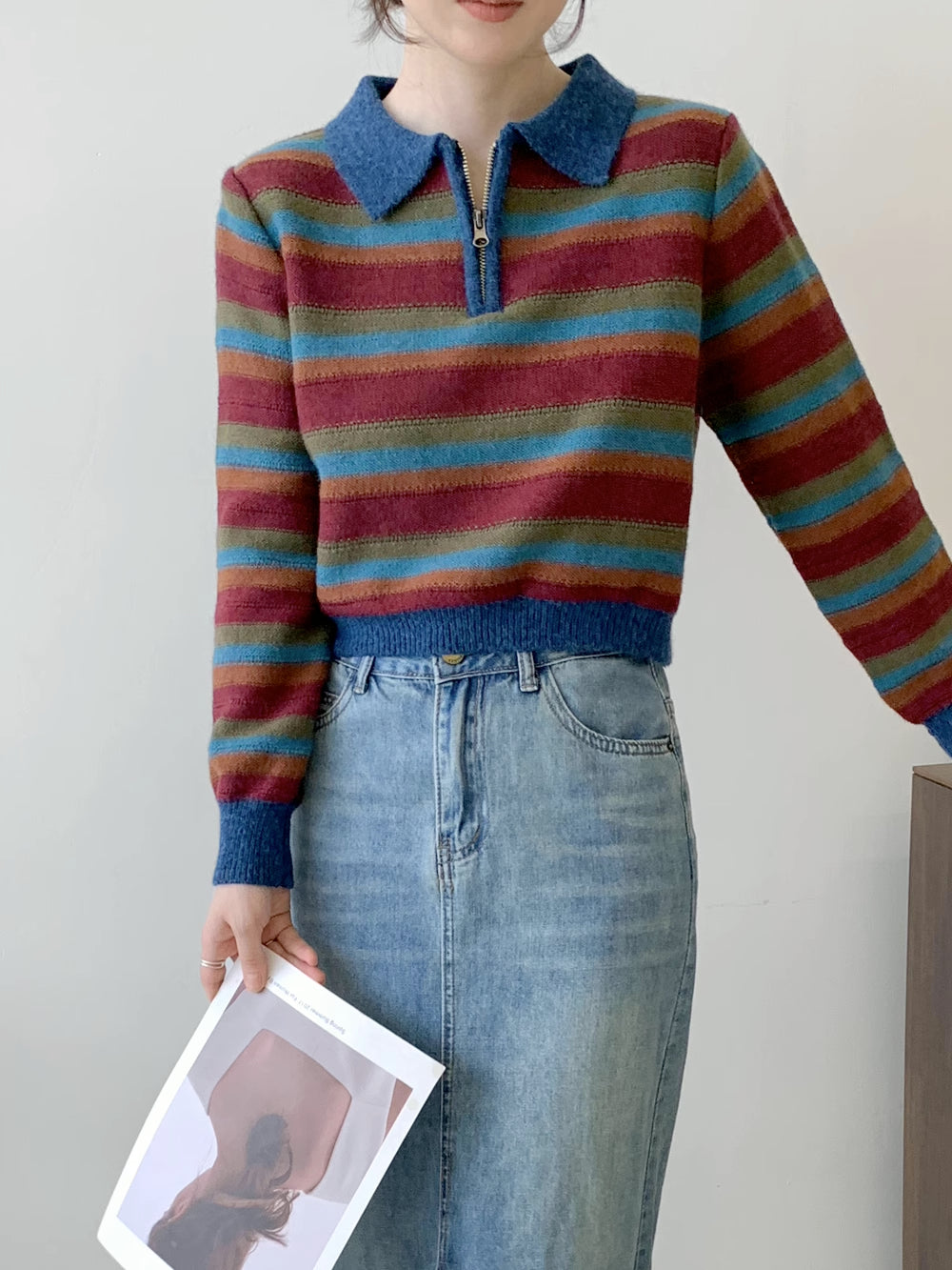 Autumn Vintage Stripe Polo Sweater (Blue/Red)