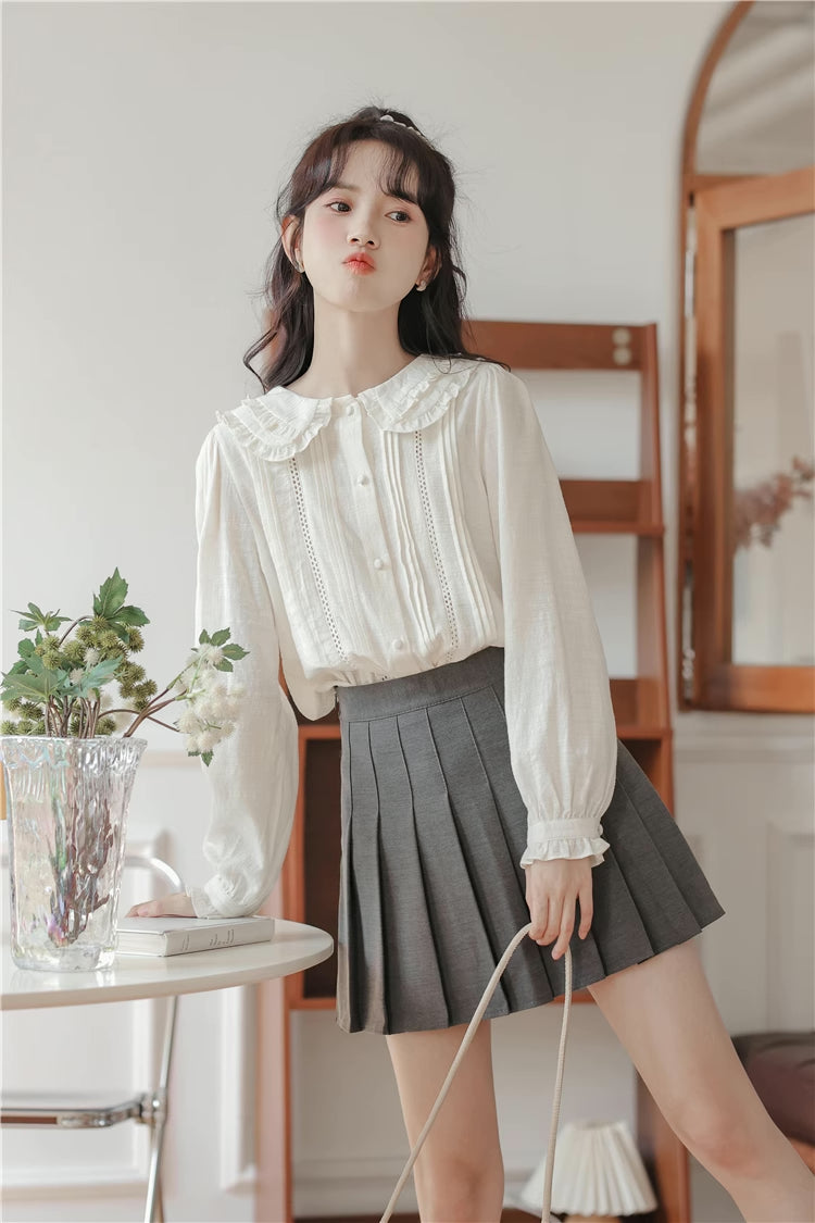 Ruffled Peter Pan Collar Blouse (White)