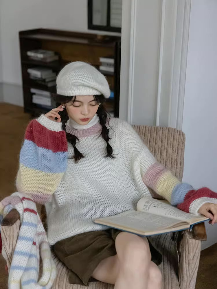 Rainbow Stripe Sleeves Sweater (White)