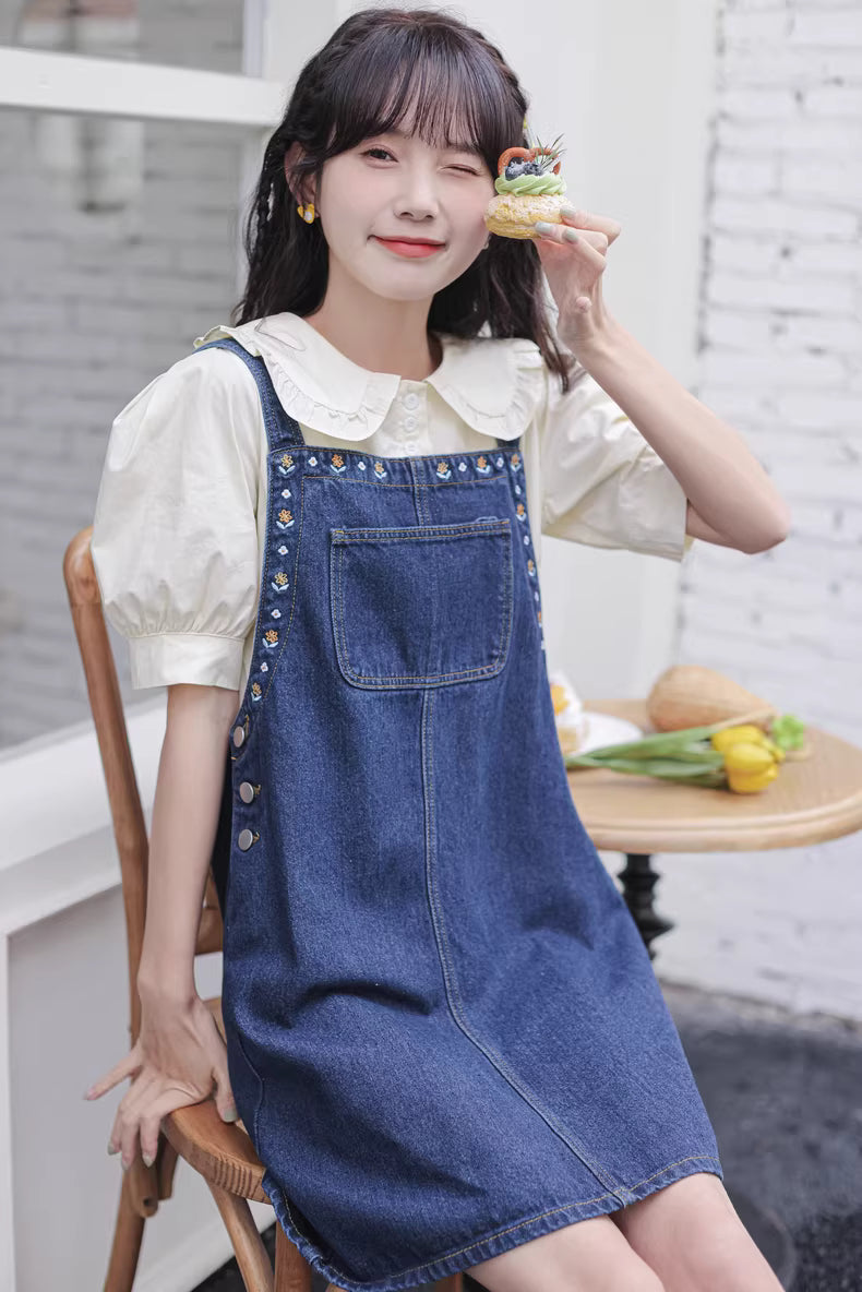Flower Embroidered Mini Pinafore Dress (Dark Denim)