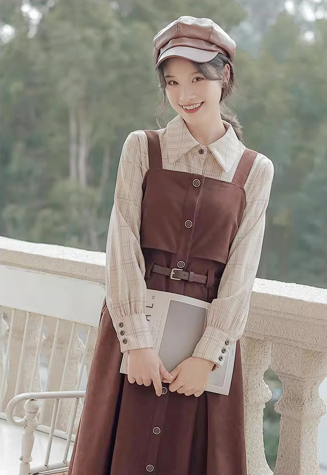 Suede Button Up Cami Pinafore Dress Set 2 Colors