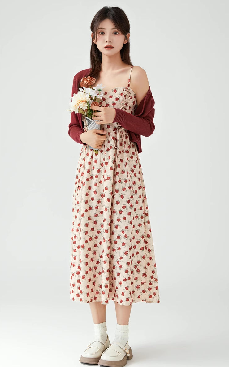 Lace Up Floral Cami Midi Dress (Beige/Red)