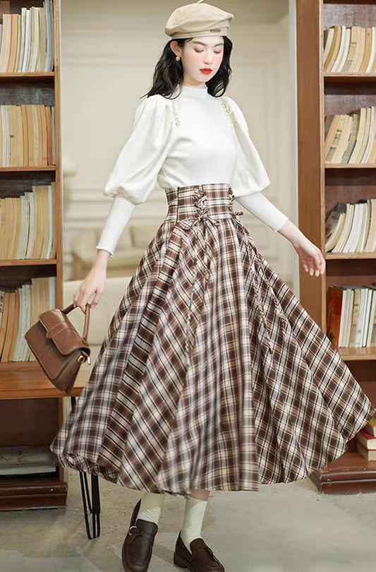 Choco Plaid Midi Skirt (Brown)