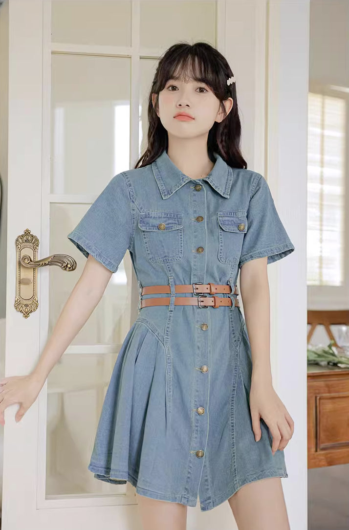 Button Up Denim Mini Dress (Medium Blue)