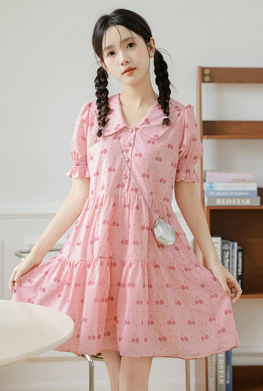 Sweet Cherry Tiered Shirt Dress (Pink)