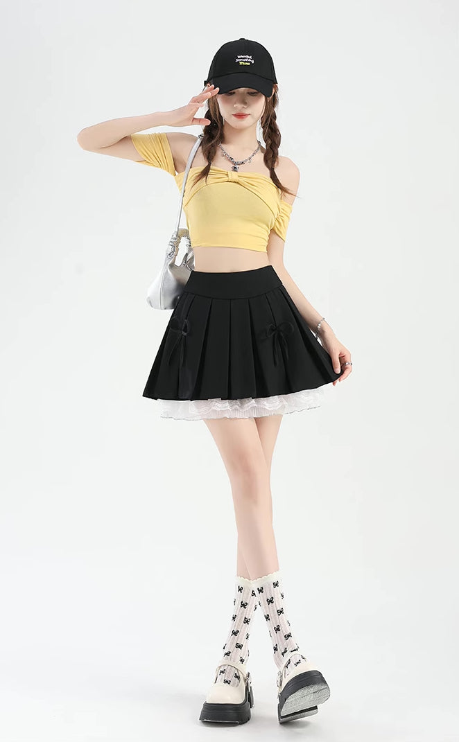 Bow Lace Pleated Mini Skirt (7 Colors)