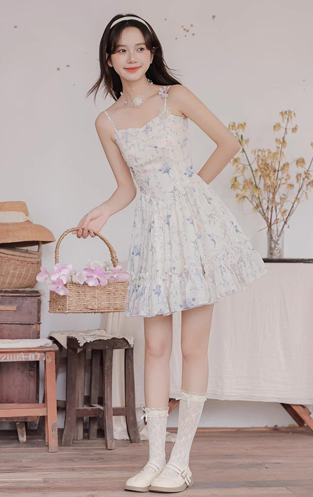 Sweet Floral Mini Dress (White/Purple)