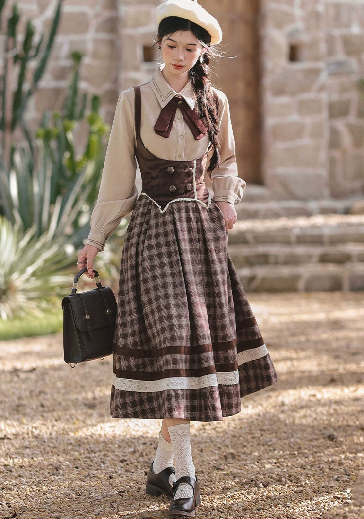 Mocca Plaid Suspender Skirt (Brown)