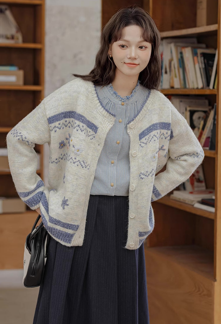 Embroidered Floral Fair Isle Cardigan (Off-White)