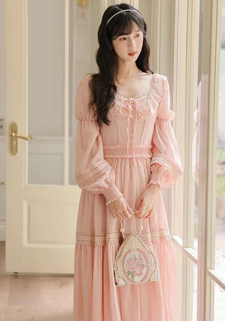 Eyelet Lace Tiered Midi Dress (Pink)