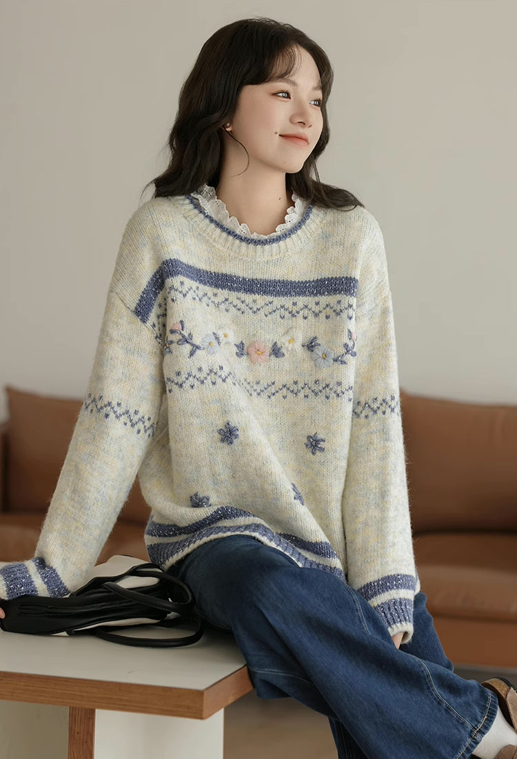 Embroidered Floral Fair Isle Sweater (Off-White)