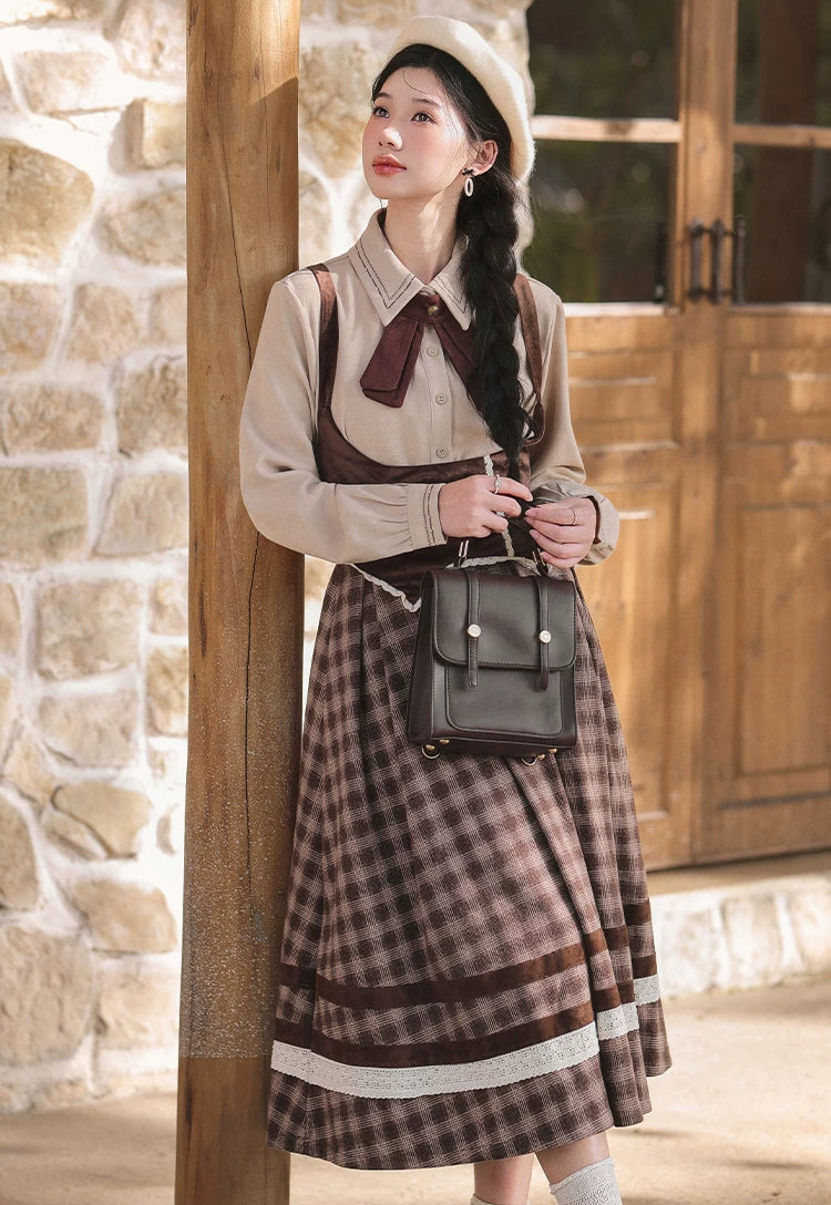 Mocca Plaid Suspender Skirt (Brown)