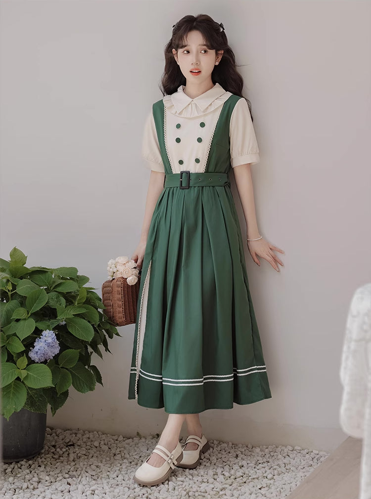 Lolita Short Sleeve Faux Layered Midi Dress (Green)