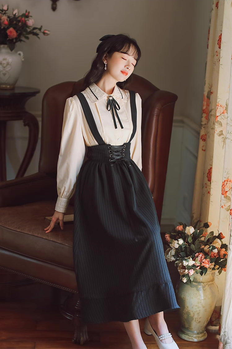 Long Sleeve Crepe Suspender Skirt Set (2 Colors)