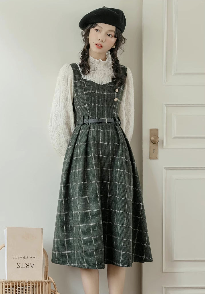 Plaid Pinafore Twofer Midi Dress (Green) L
