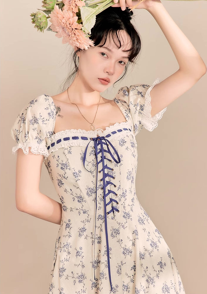 Porcelain Rose Lace Up Midi Dress (White/Blue)