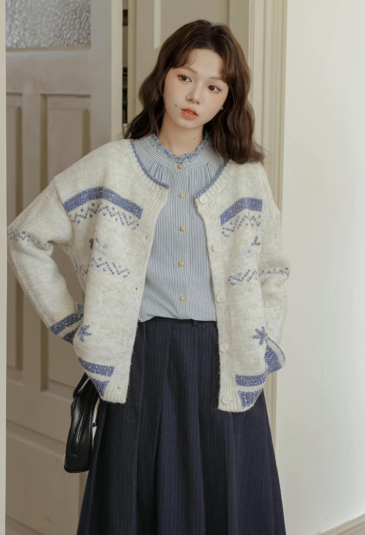 Embroidered Floral Fair Isle Cardigan (Off-White)