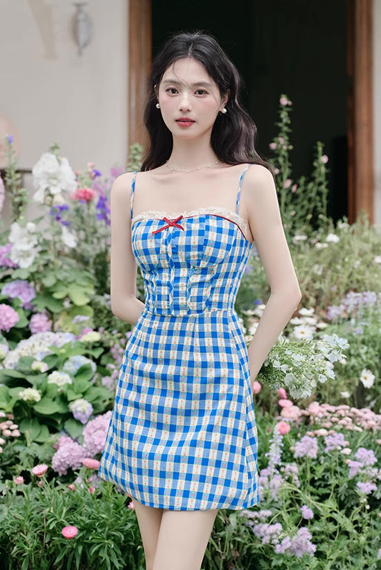 Vintage Gingham Floral Cami Dress (Blue)