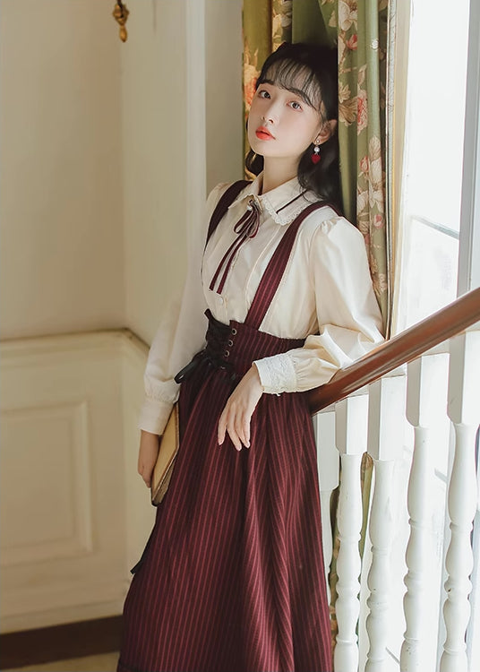 Long Sleeve Crepe Suspender Skirt Set (2 Colors)