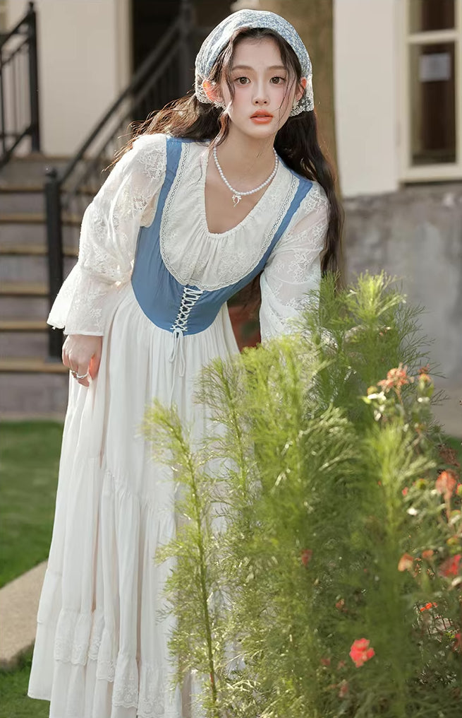 Belle Twofer Corset Peasant Maxi Dress (White/Blue)