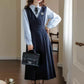 Corduroy Suede Midi Pinafore Dress & Blouse Set (Navy)