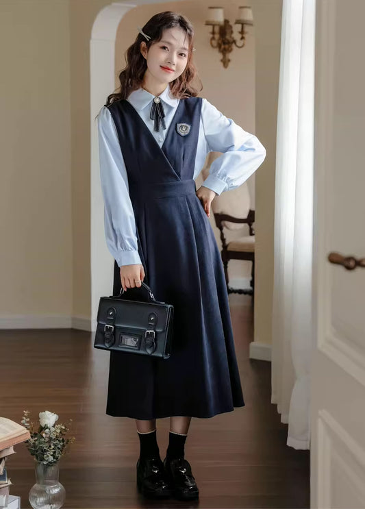 Corduroy Suede Midi Pinafore Dress & Blouse Set (Navy)