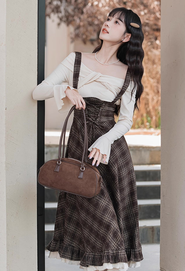 Snowy Plaid Twofer Suspender Midi Dress (Cream/Brown)