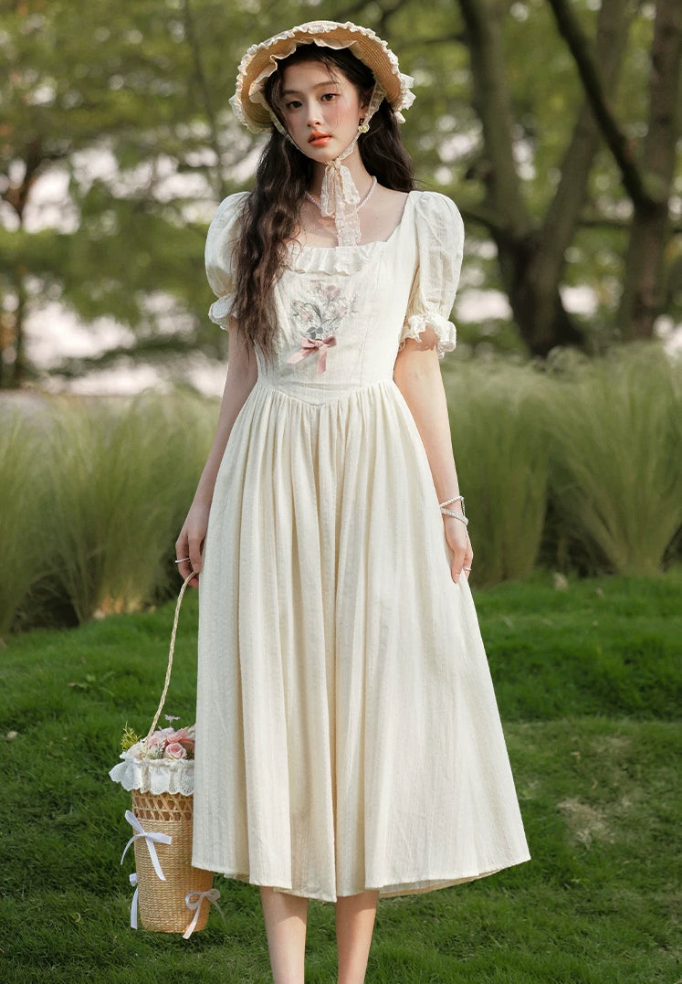 Cottage Flower Midi Dress (Cream)