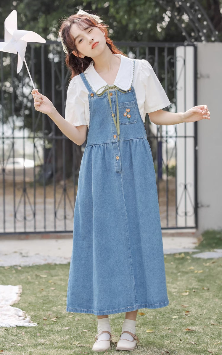 Button Up Poppy Pinafore (Medium Denim)