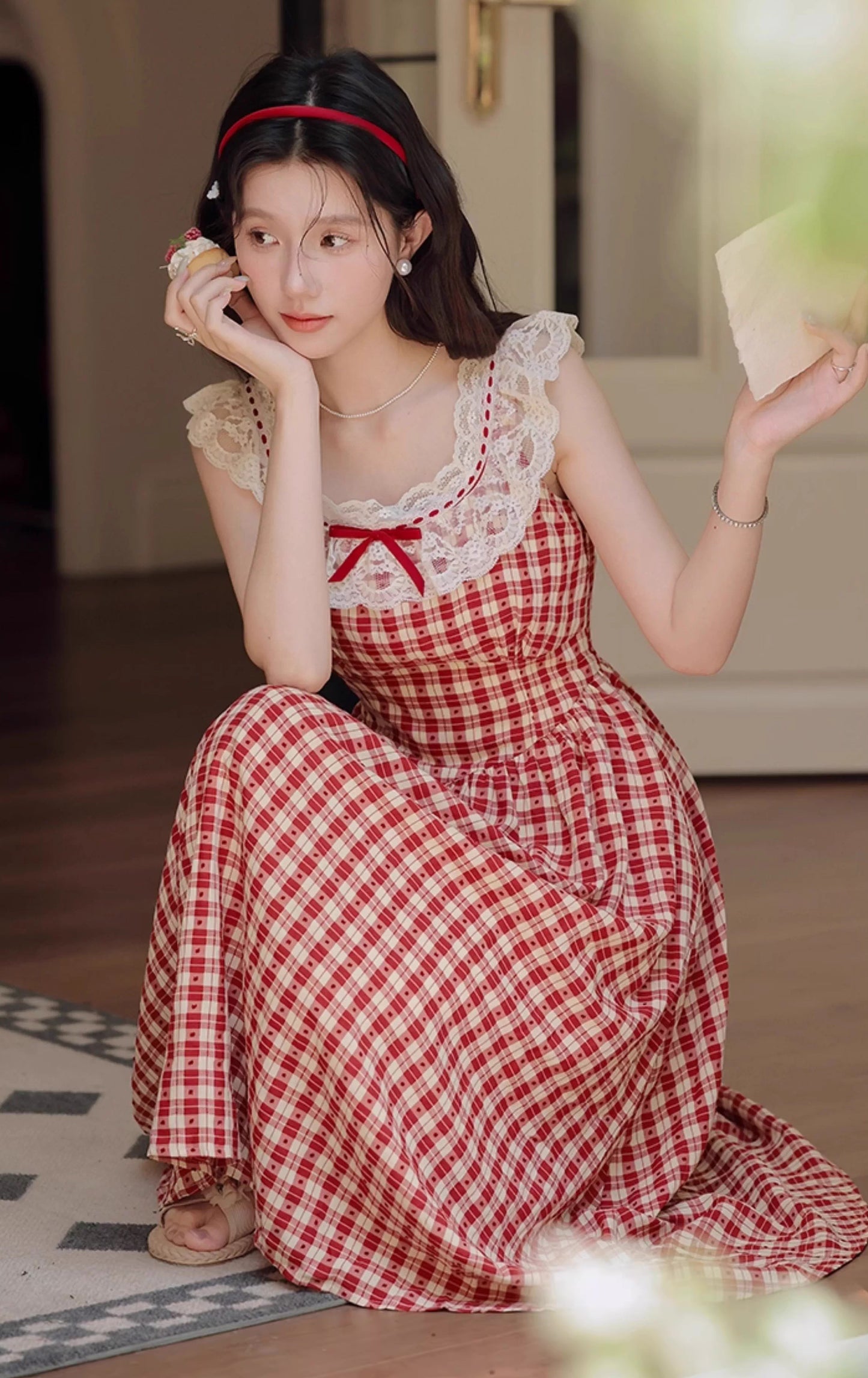 Picnic Plaid Sleeveless Midi Dress (Red)