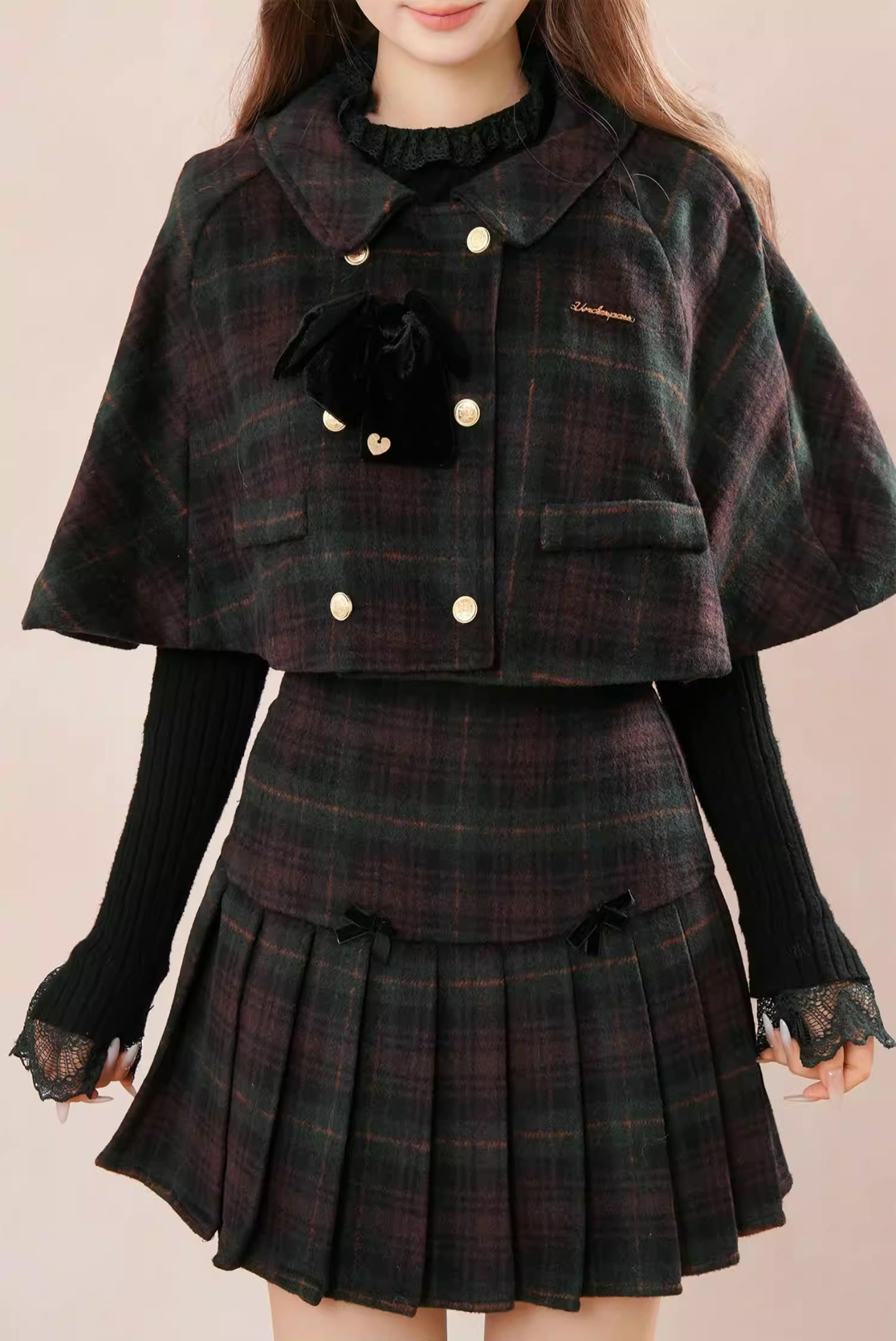 Black Forest Plaid Capelet & Mini Skirt Set (Green/Purple)