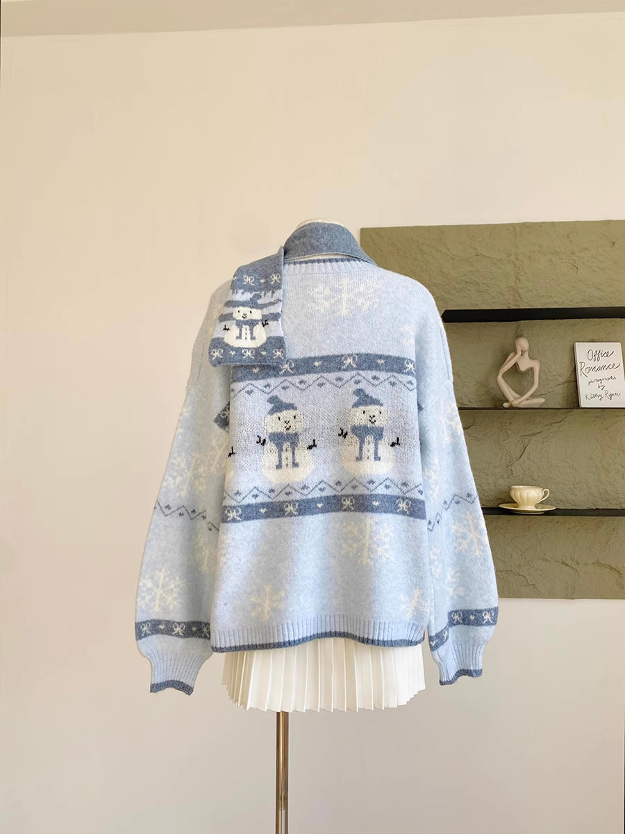 Snowy Snowman Fair Isle Cardigan (Blue)