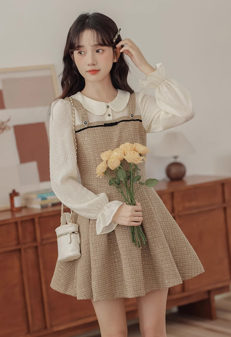 Latte Tweed Mini Twofer Dress (Khaki)