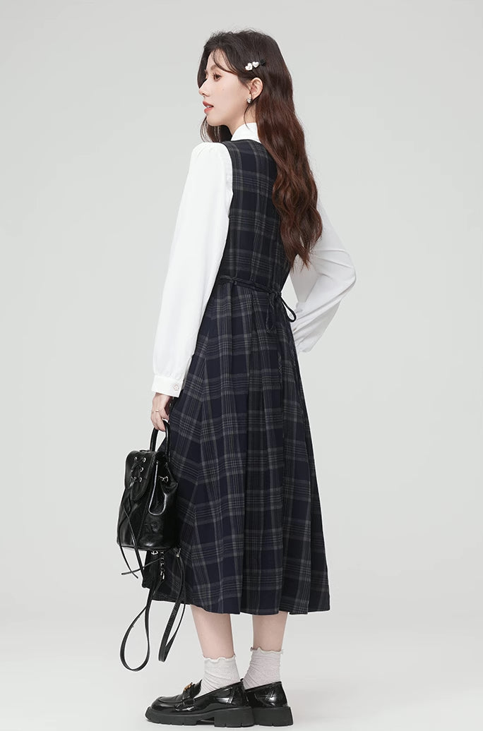 Oxford Plaid Midi Pinafore & Blouse Set (Navy)