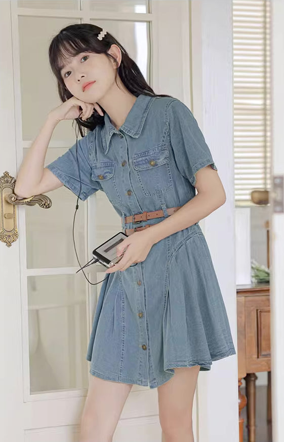 Button Up Denim Mini Dress (Medium Blue)